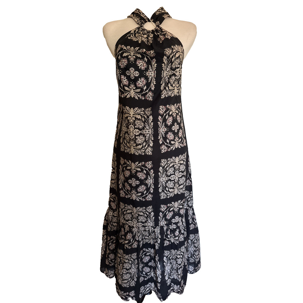 KAOS Made In Italy Maxi Dress Black Floral Cotton Lined IT42 FR38 ES40 NWOT